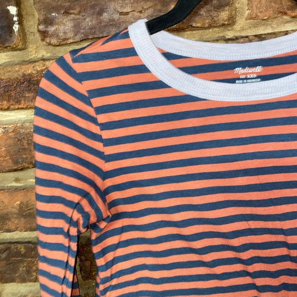 Madewell Navy Blue Orange Stripe Whisper Cotton Ringer Tee Women's Size XXS - Image 3