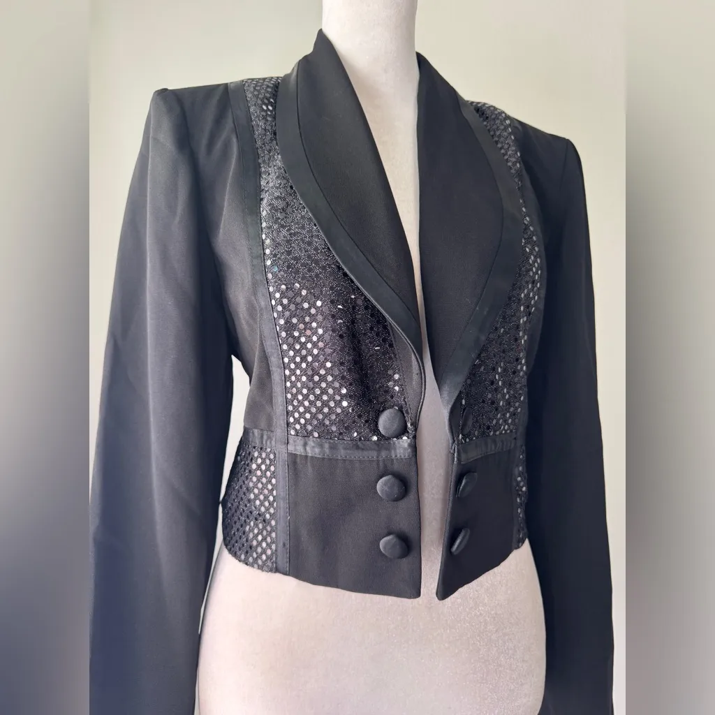 Vintage ‘90s Perceptions by Irene B Black Sequined Cropped Tuxedo Jacket - Image 4