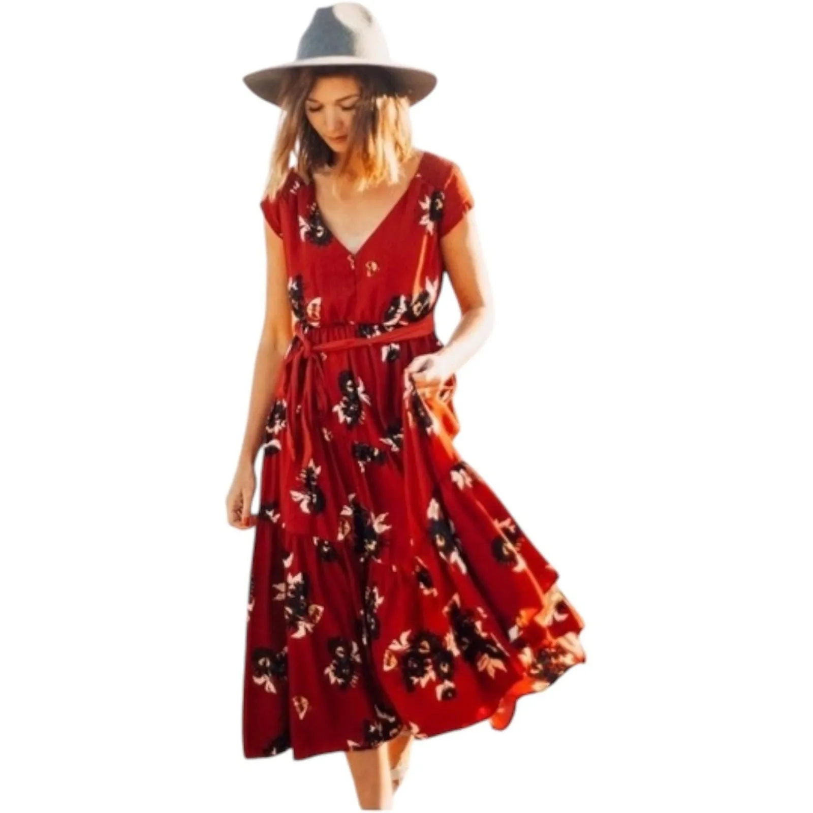 Free People Dress Womens 10 Red Floral Tiered V Neck Belted Maxi Boho - Image 17