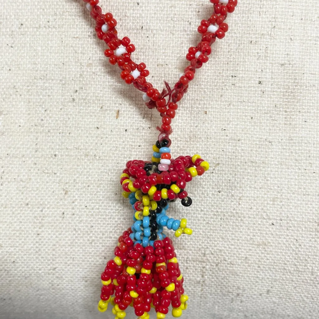 Handmade Beaded Folk‎ Art Necklace | Colorful Boho Woman Pendant | Red Seed Bead - Image 5