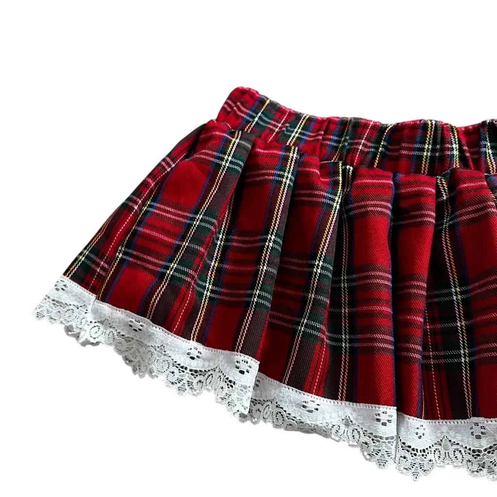 Red Tartan Plaid Micro Mini Skirt White Lace Low Rise School Girl Gothic Size M Size M - Image 2