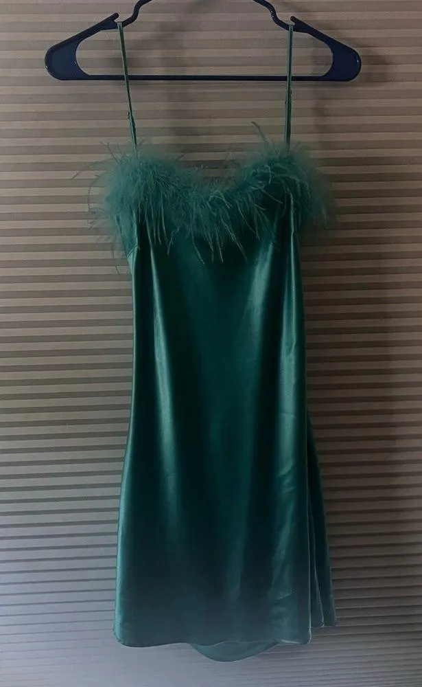 Blue shiny silky dress with a feather ruffle at the top. Size small. - Image 2