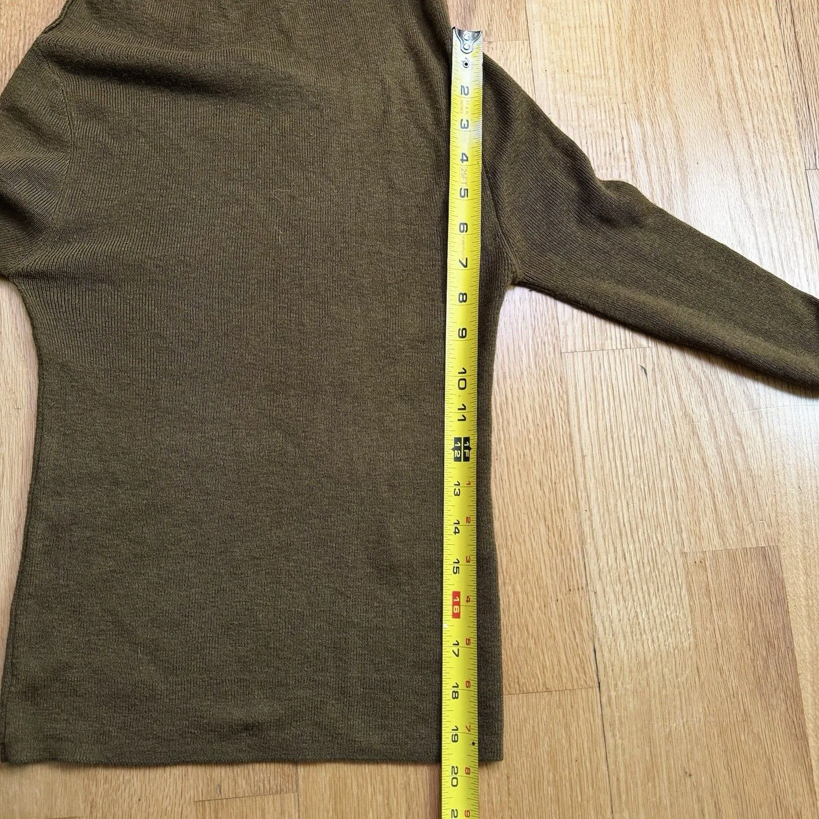 Zara Women’s 100% Wool Ribbed Knit Cowl Neck Stretchy Sweater Dark Olive Green M - Image 8