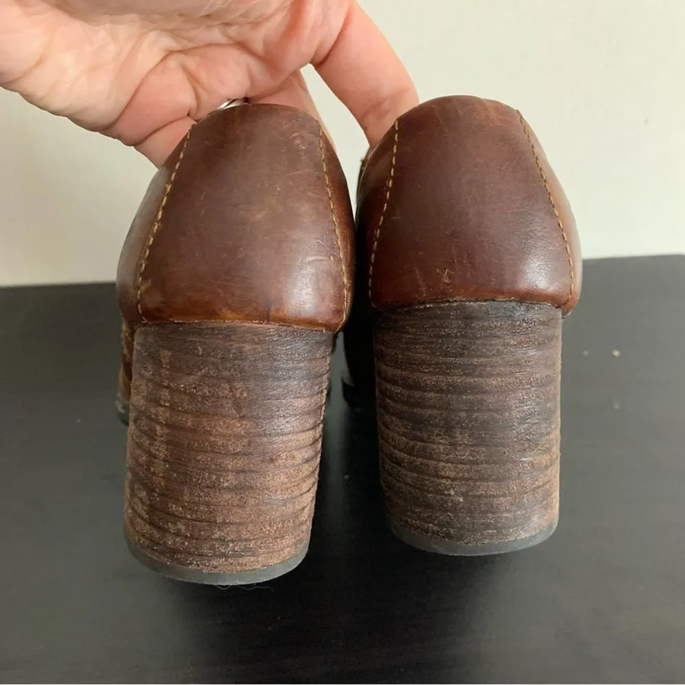 Born Leather Brown Chunky Stacked Harness Heels Size 7 - Image 96