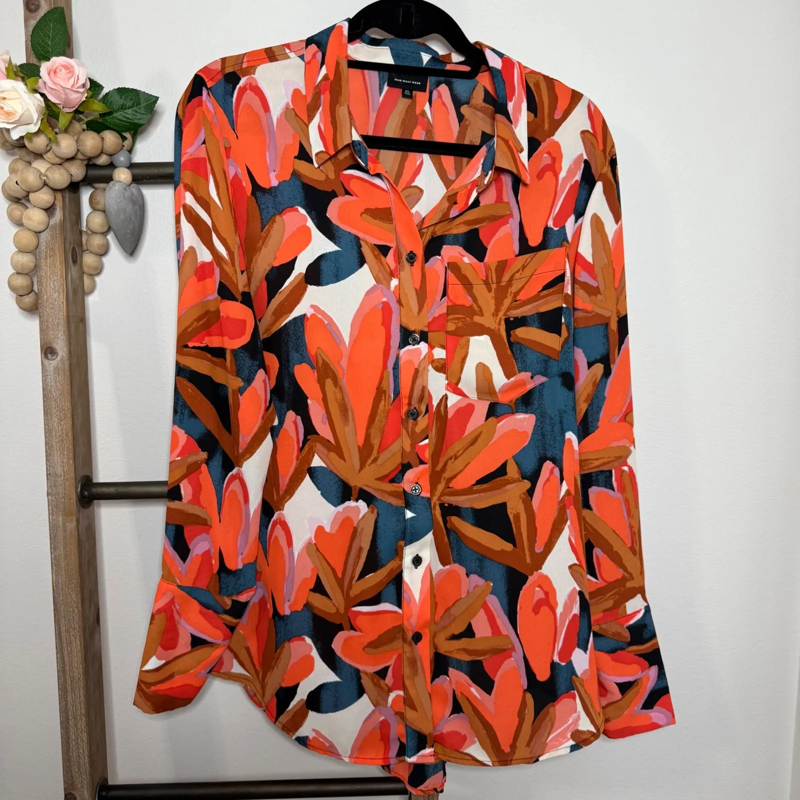 Who What Wear Bold Floral Print Long Sleeve Button Up Shirt Orange Size X Large - Image 2