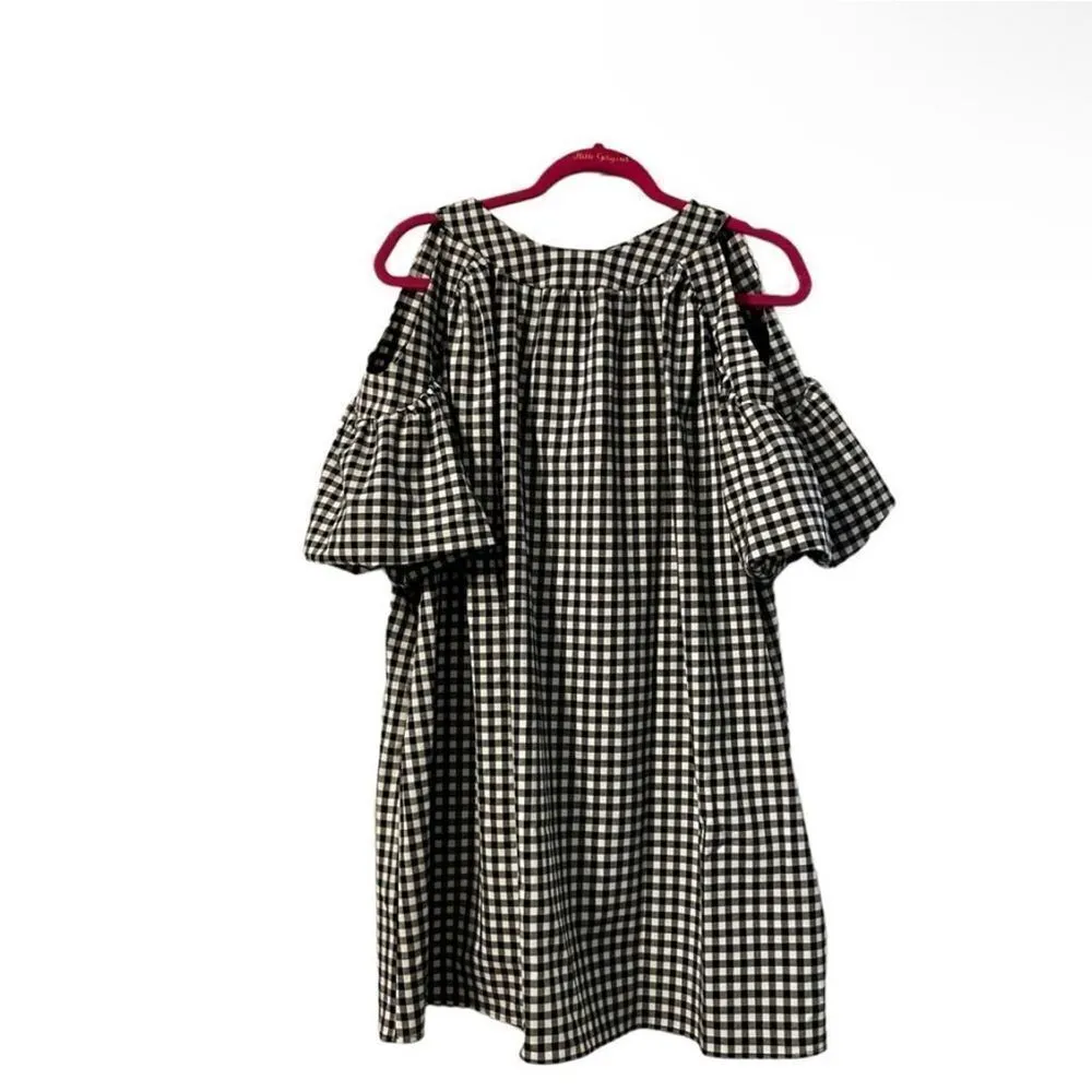 Zara black/white Gingham dress, cold shoulder with puffed short sleeves, tie bac - Image 3