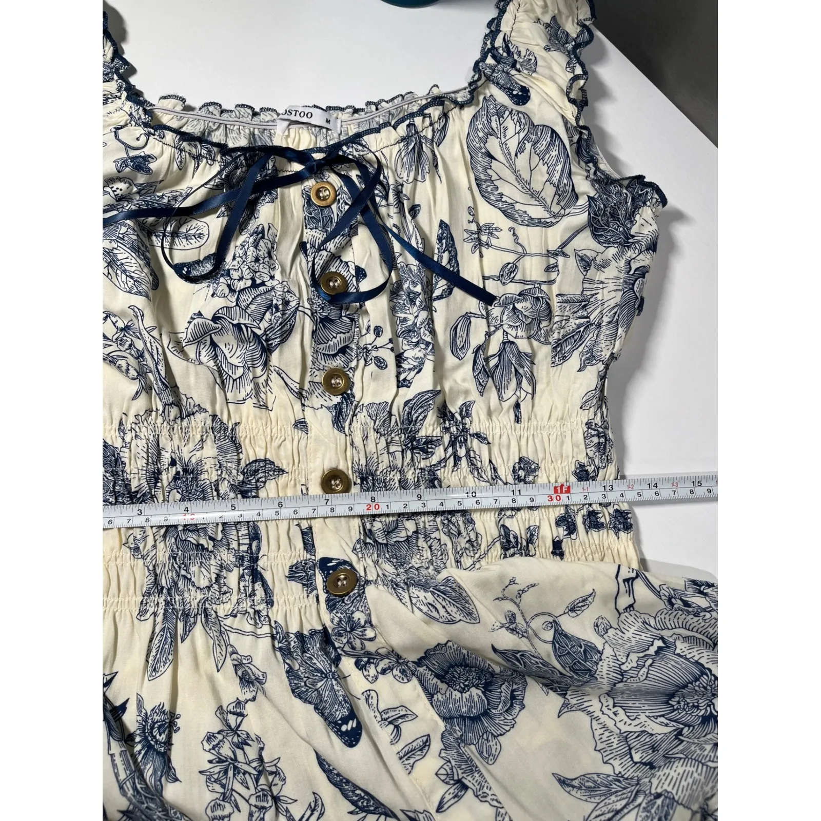 OSTOO Womens Cream Blue Floral Print Smocked Square Neck Maxi Dress M Size M - Image 10