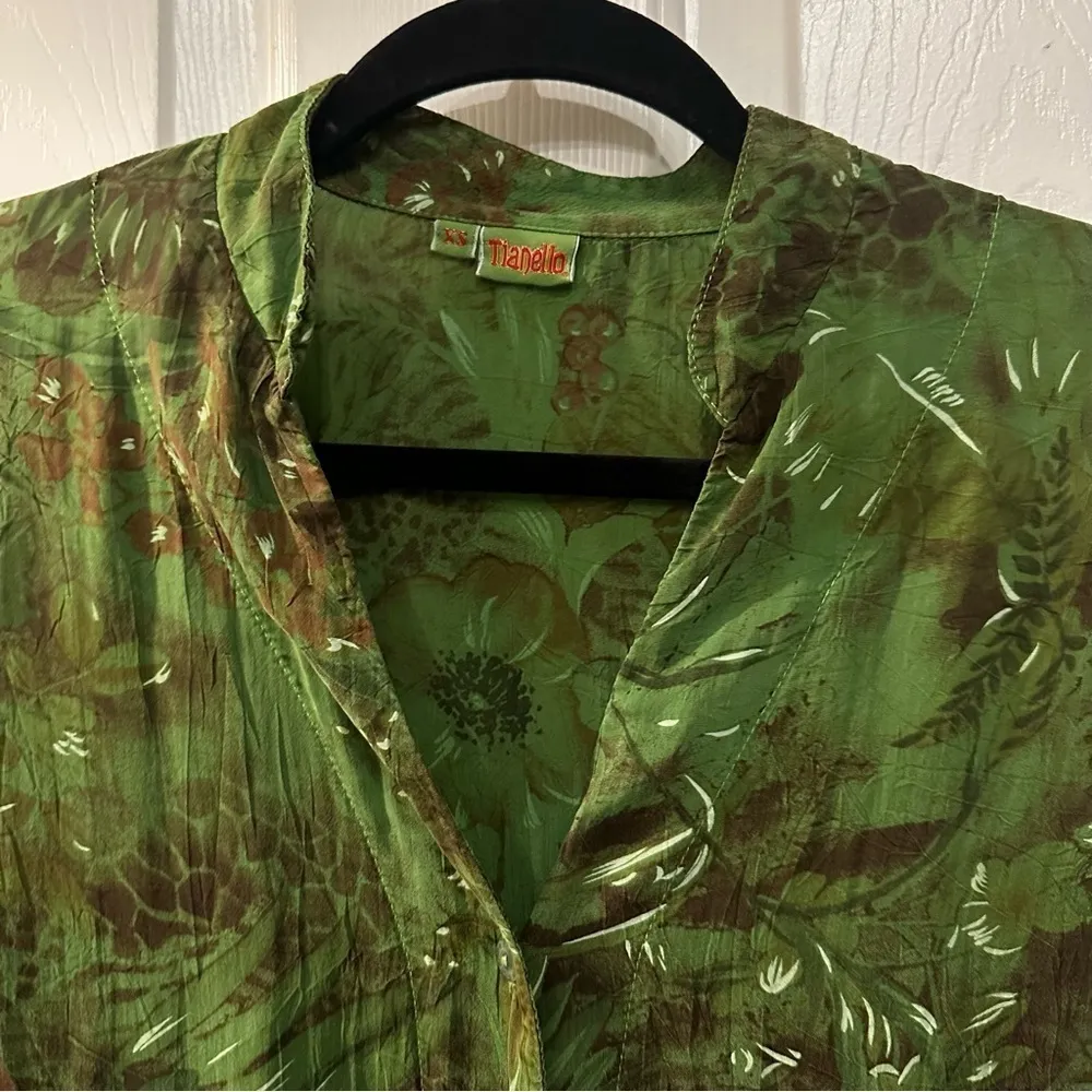 Vintage Tianello Women's Button Down Shirt Ghandi Jungle Blouse Green XS - Image 2