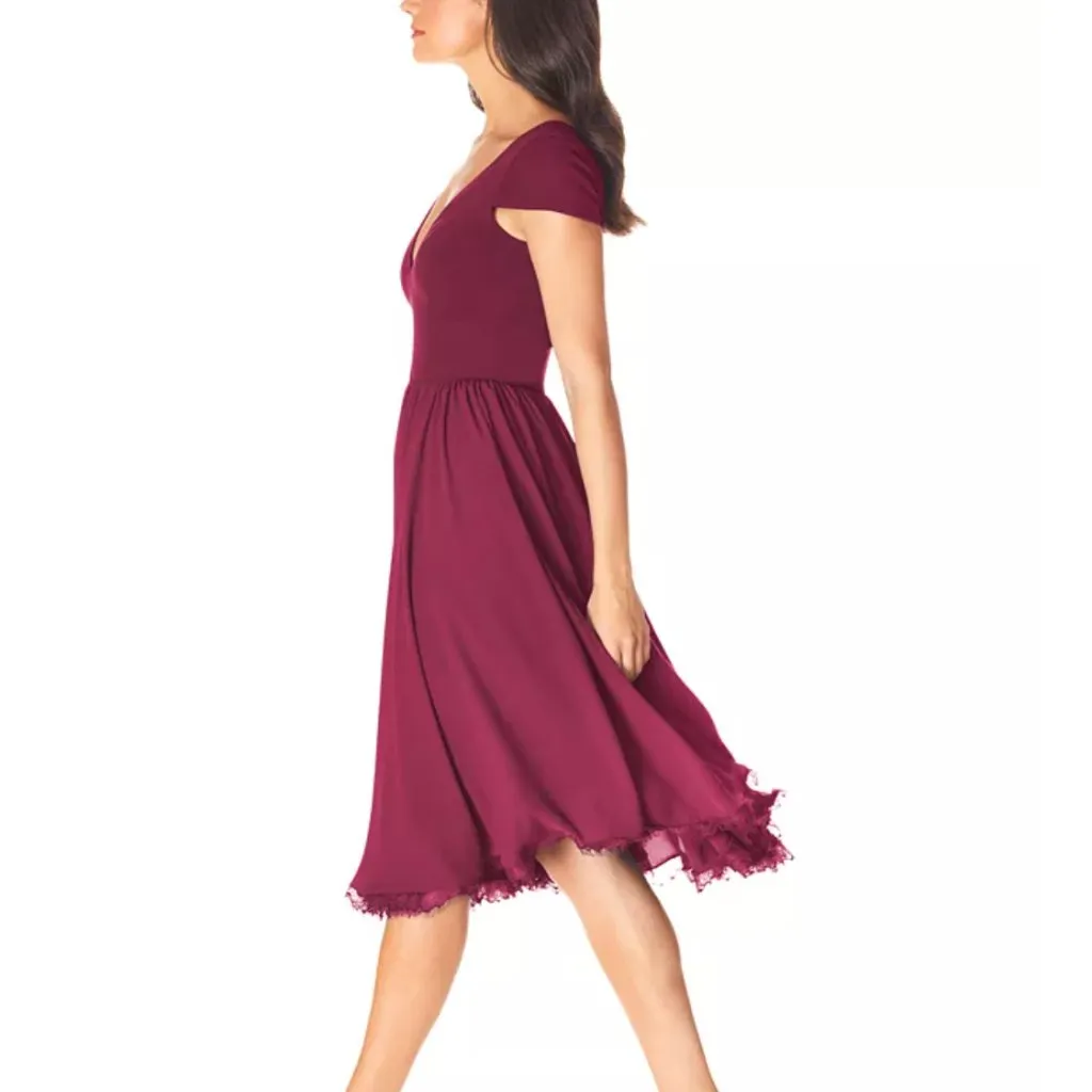 Dress the Population Corey Dress Fit & Flare Burgundy M Lace Cocktail Cap Sleeve - Image 3