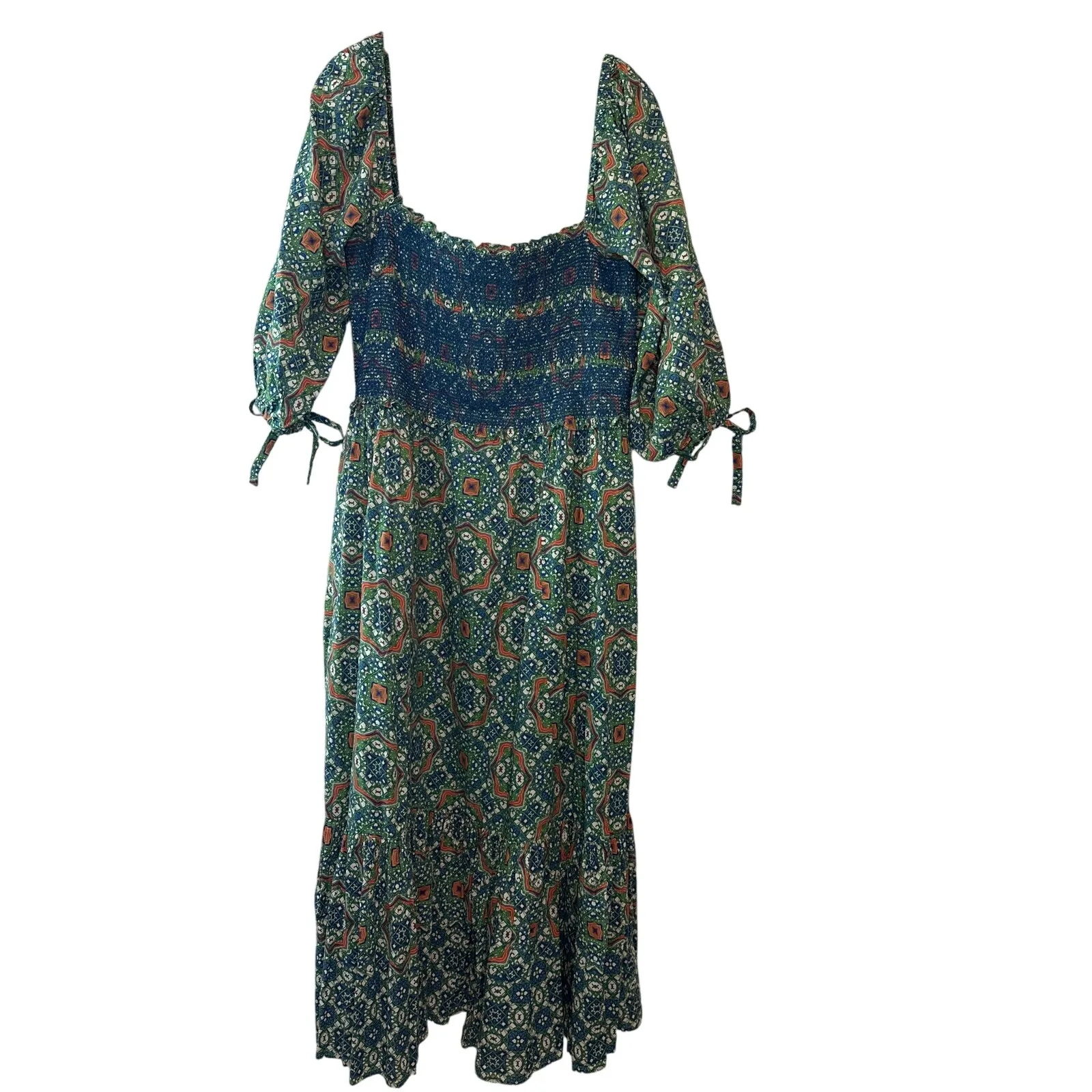 Cara Cara Moroccan Tile Teal Jazzy Midi Dress Size Large Boho Smocked Dress Blue - Image 4