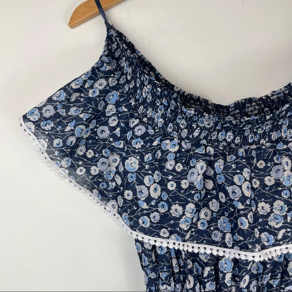 Eva Mendes Blue Floral Off Shoulder Smocked Waist Mini Dress Ruffle Hem Sz Small - Image 6