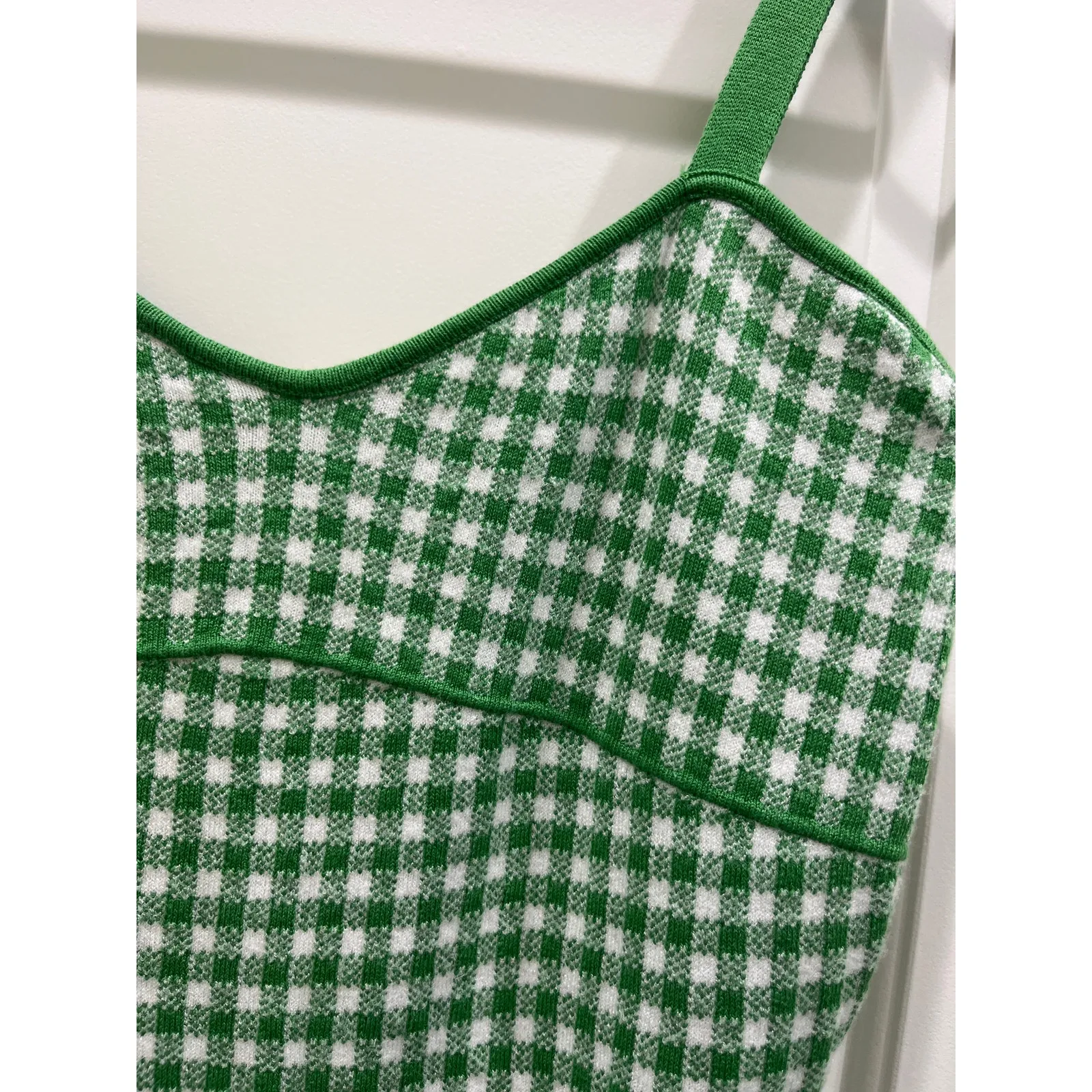 Anthropologie Maeve Gingham Green & White Knit Mini Mod Dress Sz M - Image 5