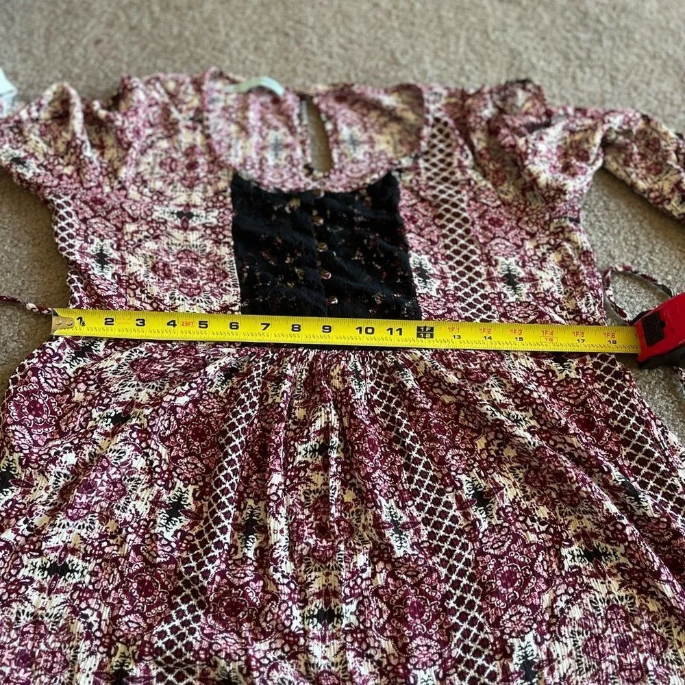 Maurices Women’s Burgundy Bohemian Floral Print 3/4 Sleeve Tie Back Mini Dress M - Image 10