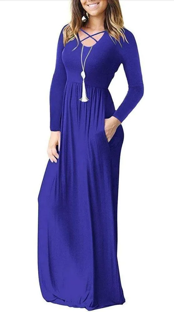NEW Blue Long Sleeve Maxi Casual Maxi Dresses Pockets M Size M - Image 2