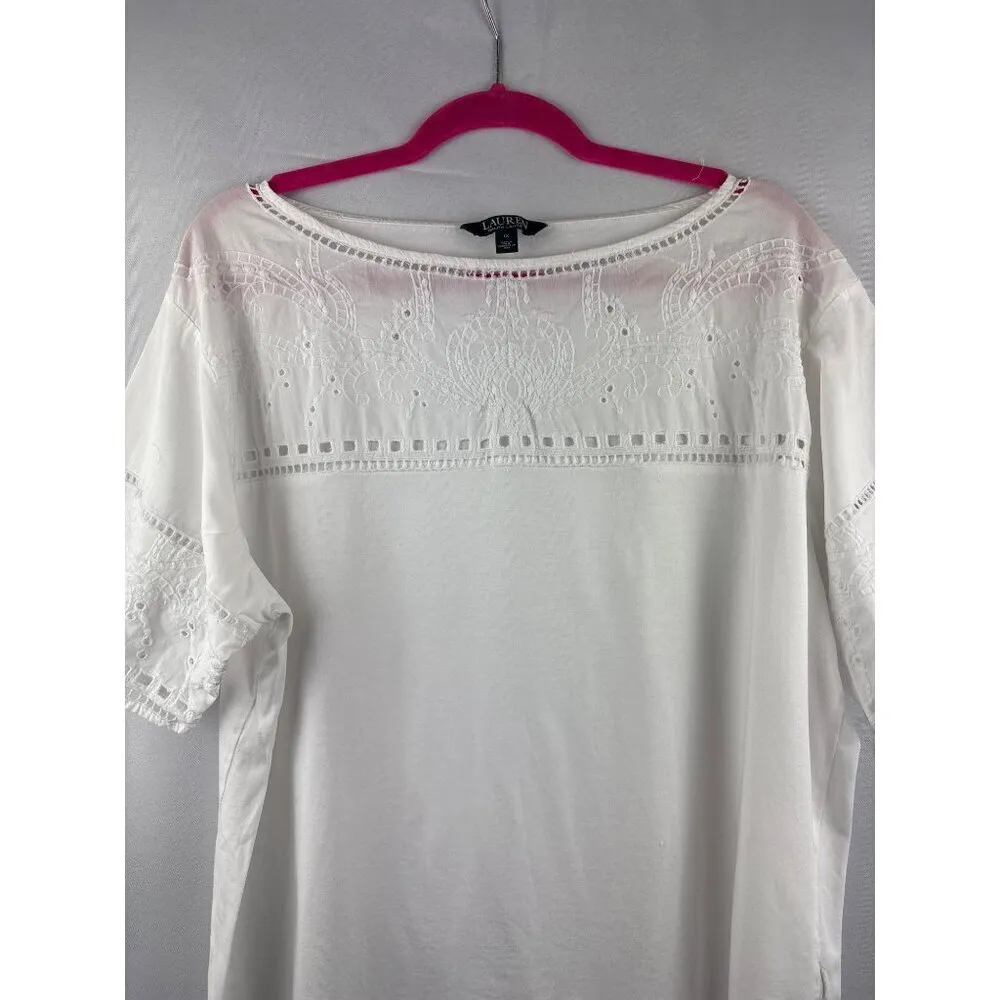 Lauren Ralph Lauren Womens 1X White Eyelet Lace Cotton Modal Top - Image 2