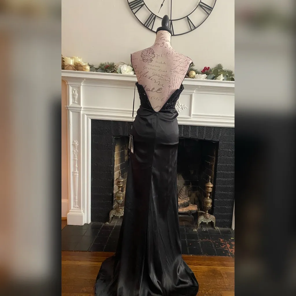 Beaded sexy black satin corset prom dress formal dress or evening gown size 2 - Image 3