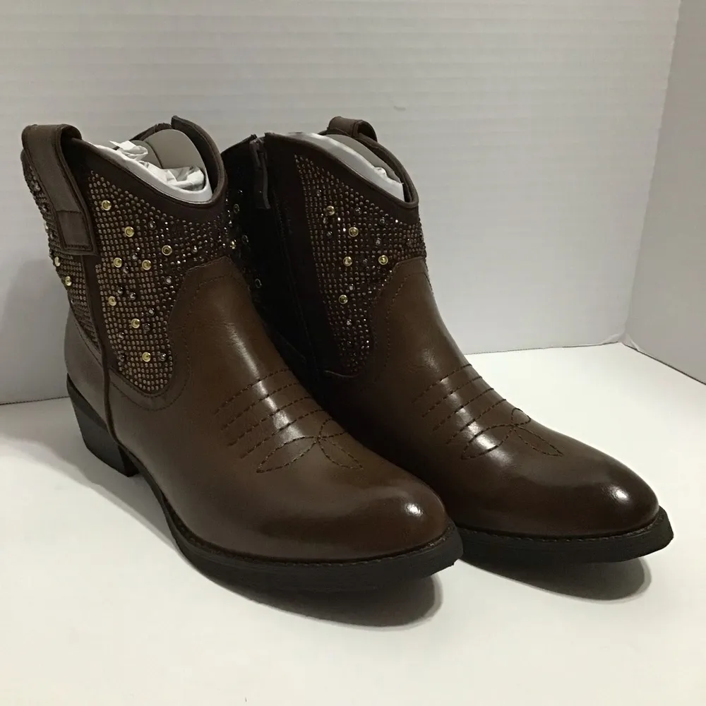 Very Volatile Womens Brown Side Zip Almond Toe‎ Studded Ankle Boots Size 7 Boho - Image 3