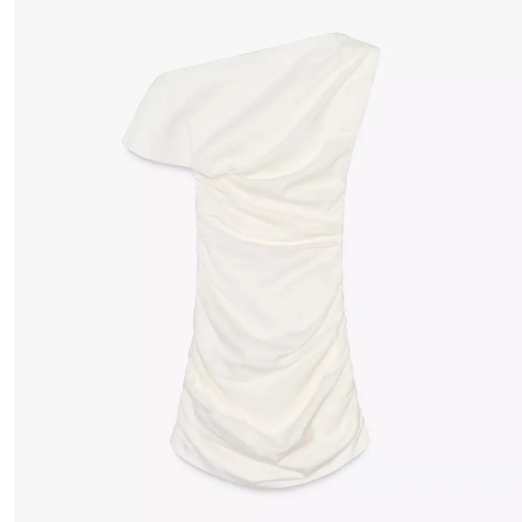 Zara NWT white mini dress asymmetrical draped off shoulder ruched dress - Image 8