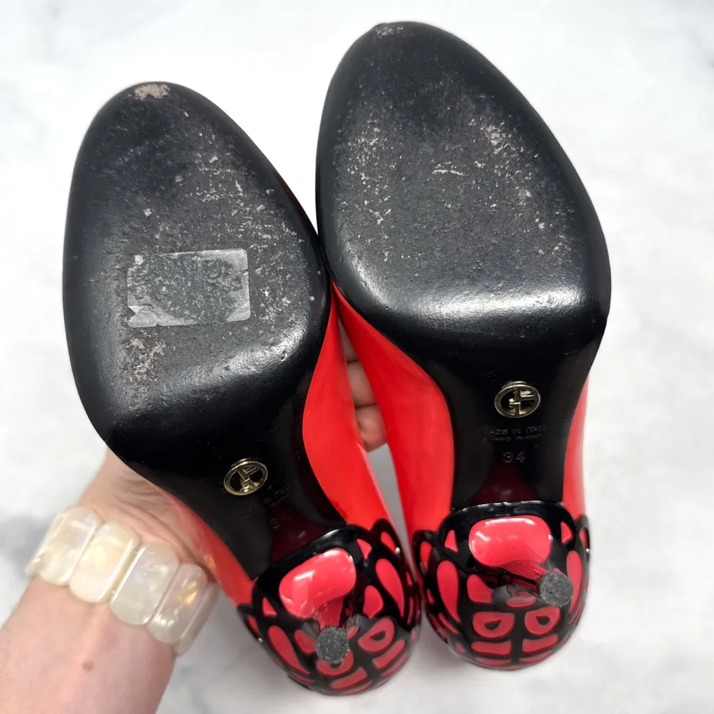 Giorgio Armani Patent Leather Ornate Filigree Pumps Heels Designer Coral Black - Image 8