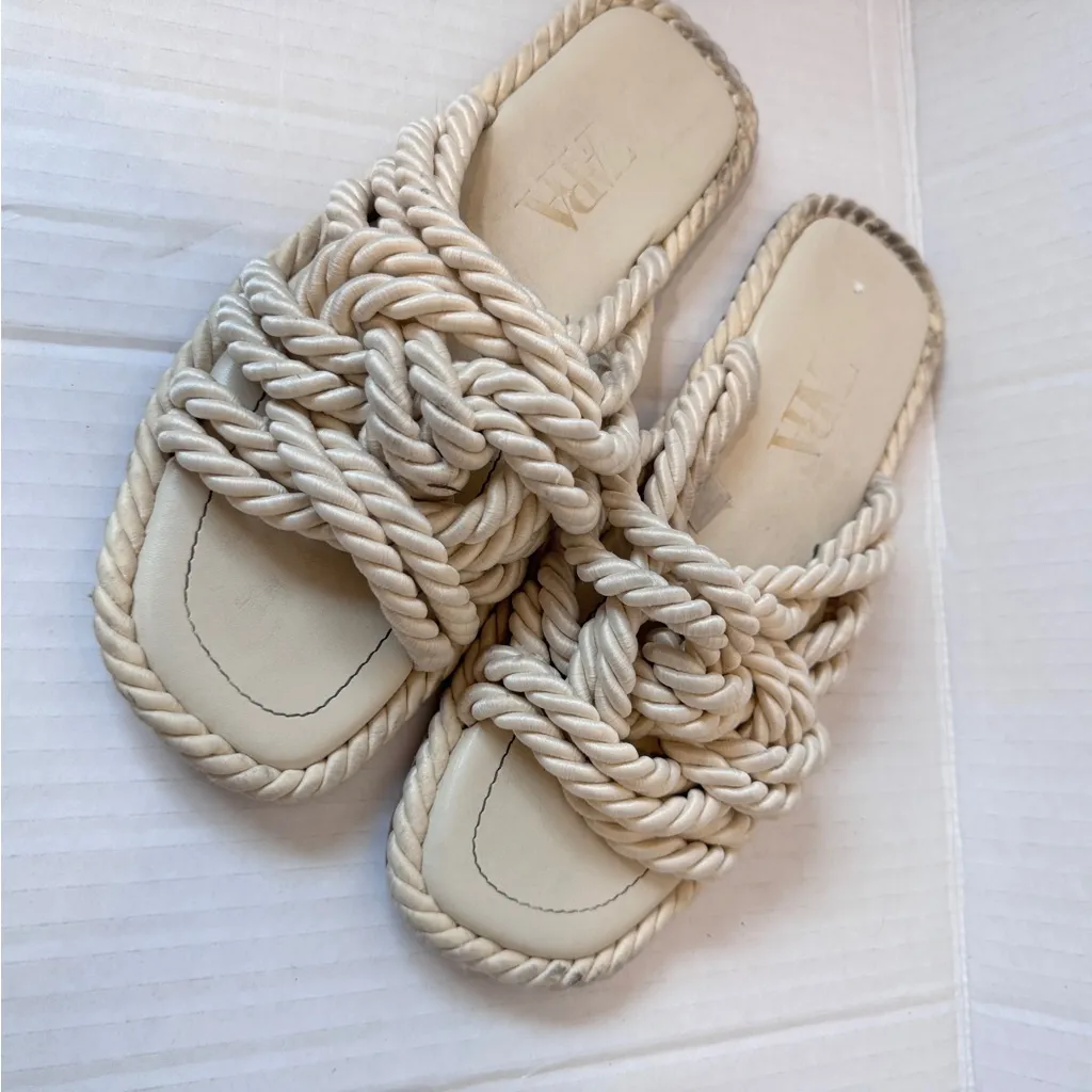 Zara Beige Rope Knot Slip On Sandals Slides Womens 9 Beachy Nautical Shoes - Image 8