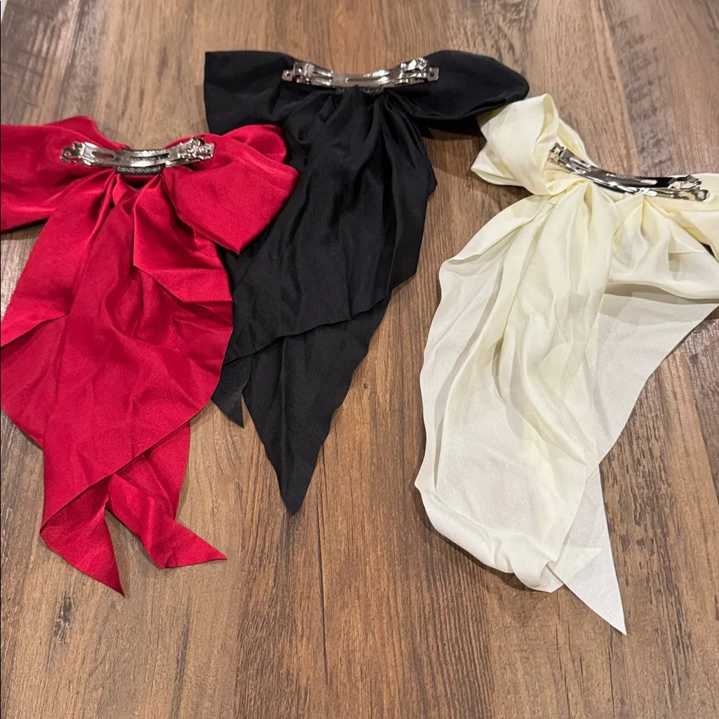 Elegant Bow Hair Clips Set in Red, Black, and Cream Set of 3 Red - Image 6