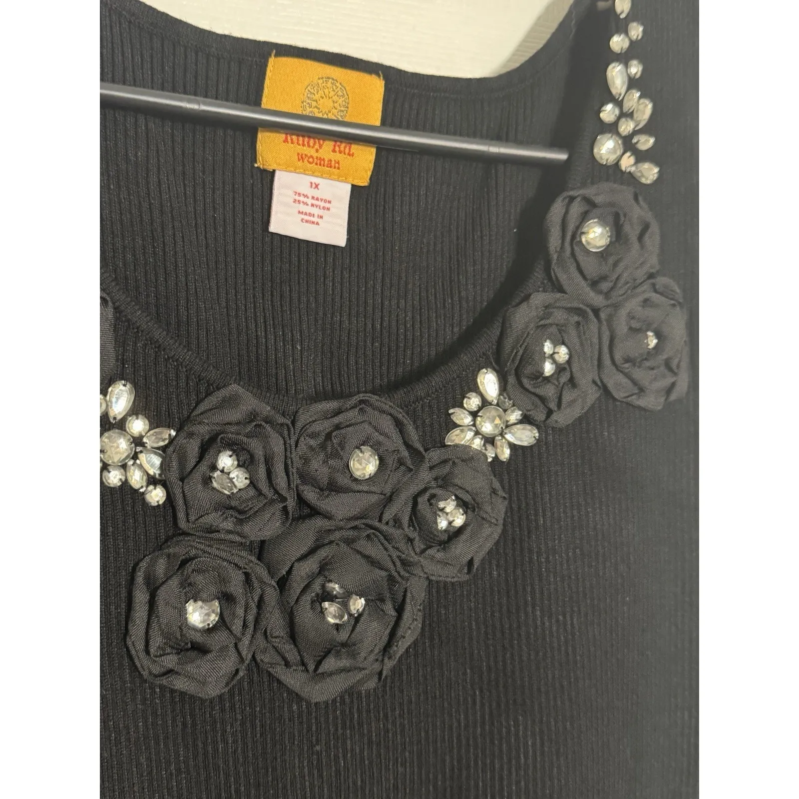 Ruby Rd . Black Tank Top, Ribbed, Rose/Gem Stone Detail At Collar, 1X - Image 2