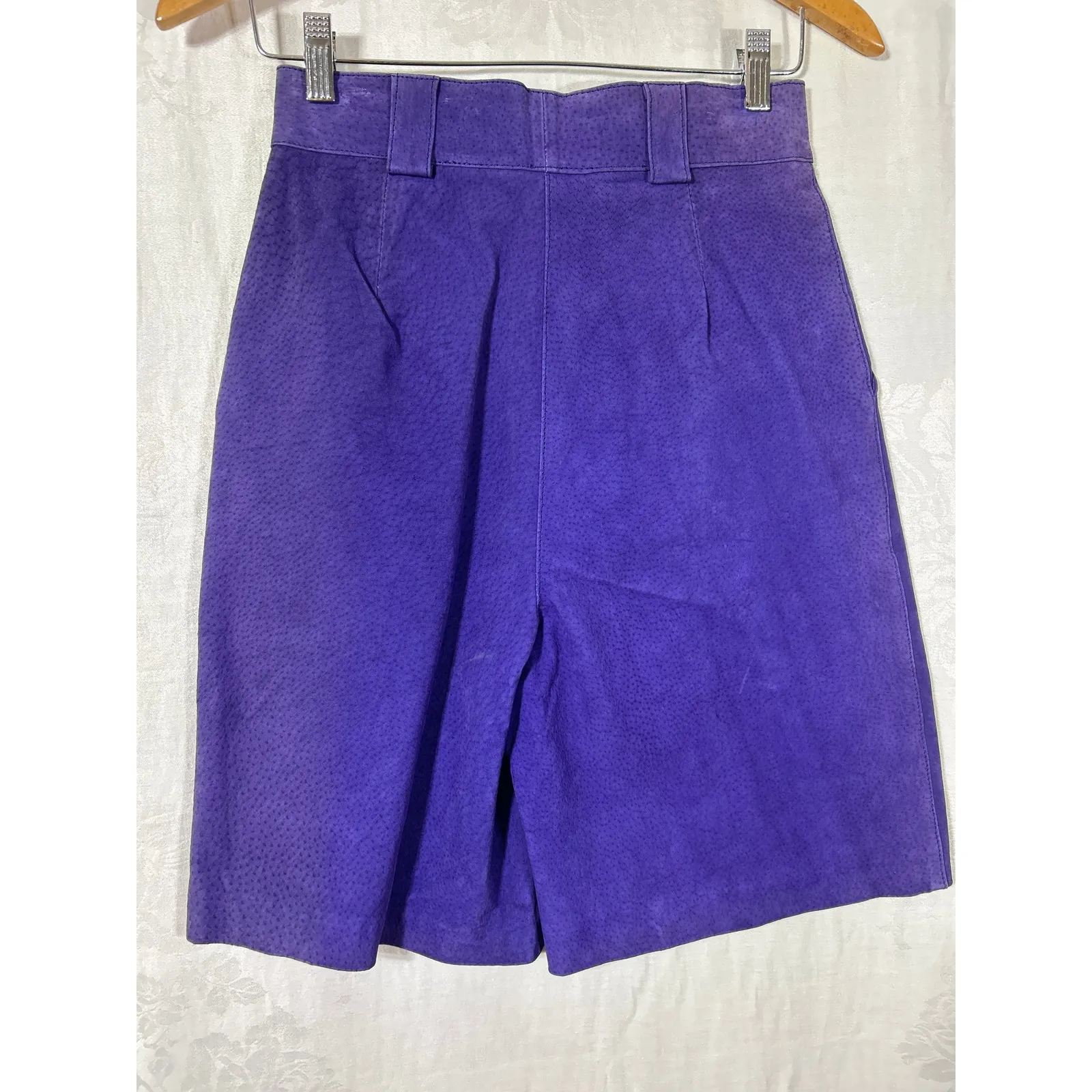 Vintage San Remo Leather Shorts 8 Purple Pleated Long Mom Lined Pebbled Suede - Image 8