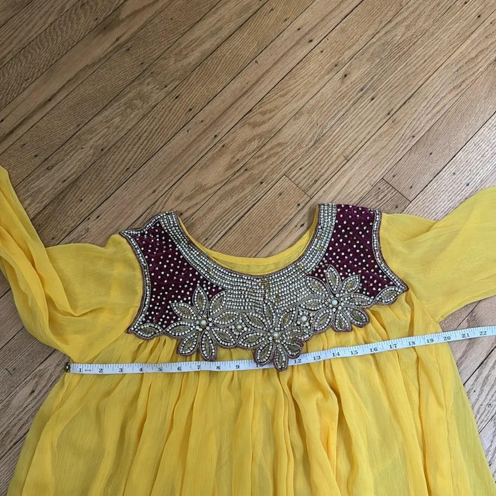 Yellow Chiffon Indian Anarkali Dress Red Velvet Trim Beaded M Size M - Image 8