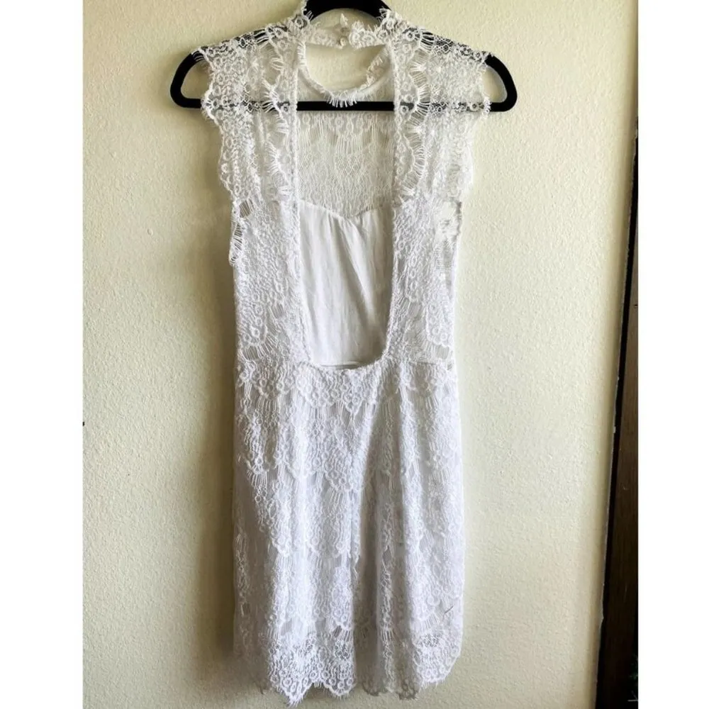 NWT Free People White Lace Detail Open Back High Neck Mini Shift Dress - XS - Image 4