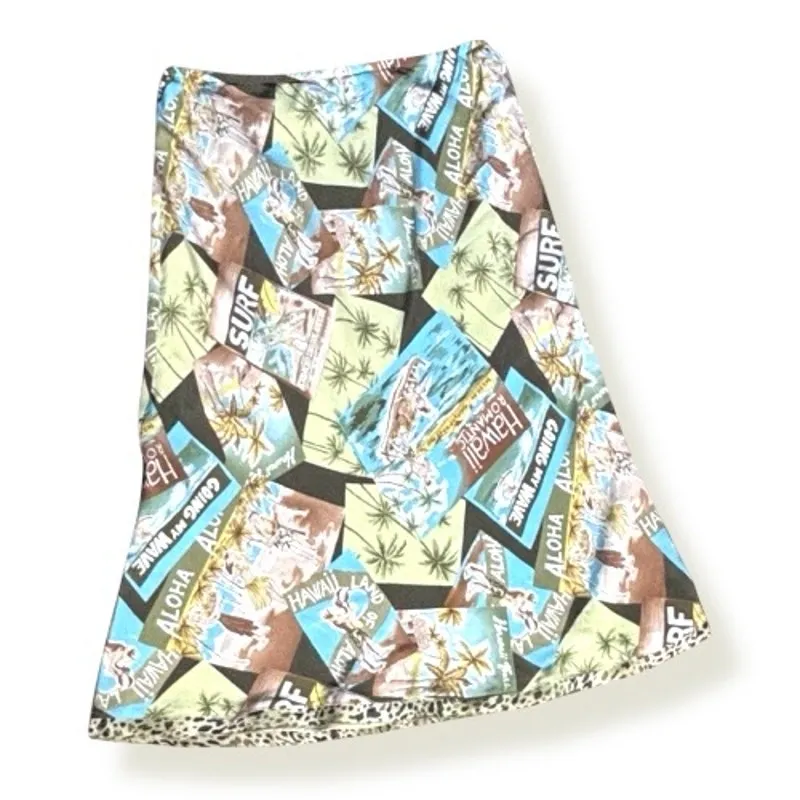 Vintage Silk Hawaiian Postcard Print Skirt Y2K Aloha Surf Vacation Tropical Blue Size M - Image 2