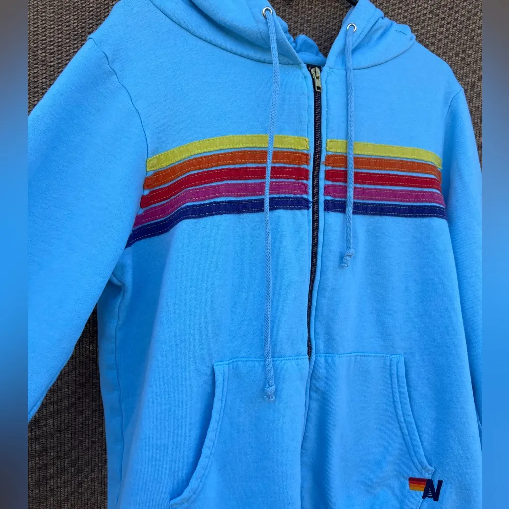 Aviator Nation 5 Stripe Hoodie Sweatshirt in Turquoise Blue Women’s Size L - Image 2