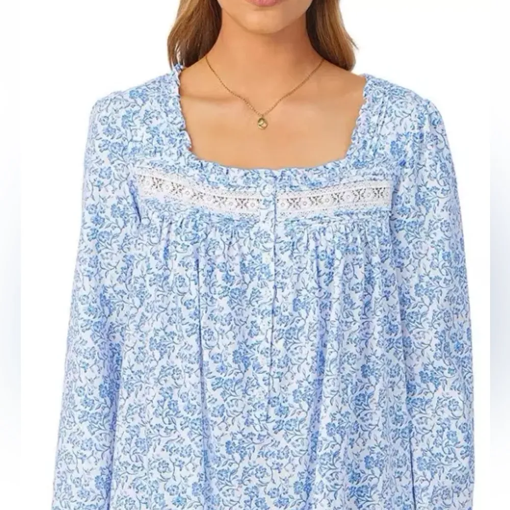 Eileen West Blue White Floral 100% Cotton Long Sleeve Lightweight Nightgown L Size L - Image 2