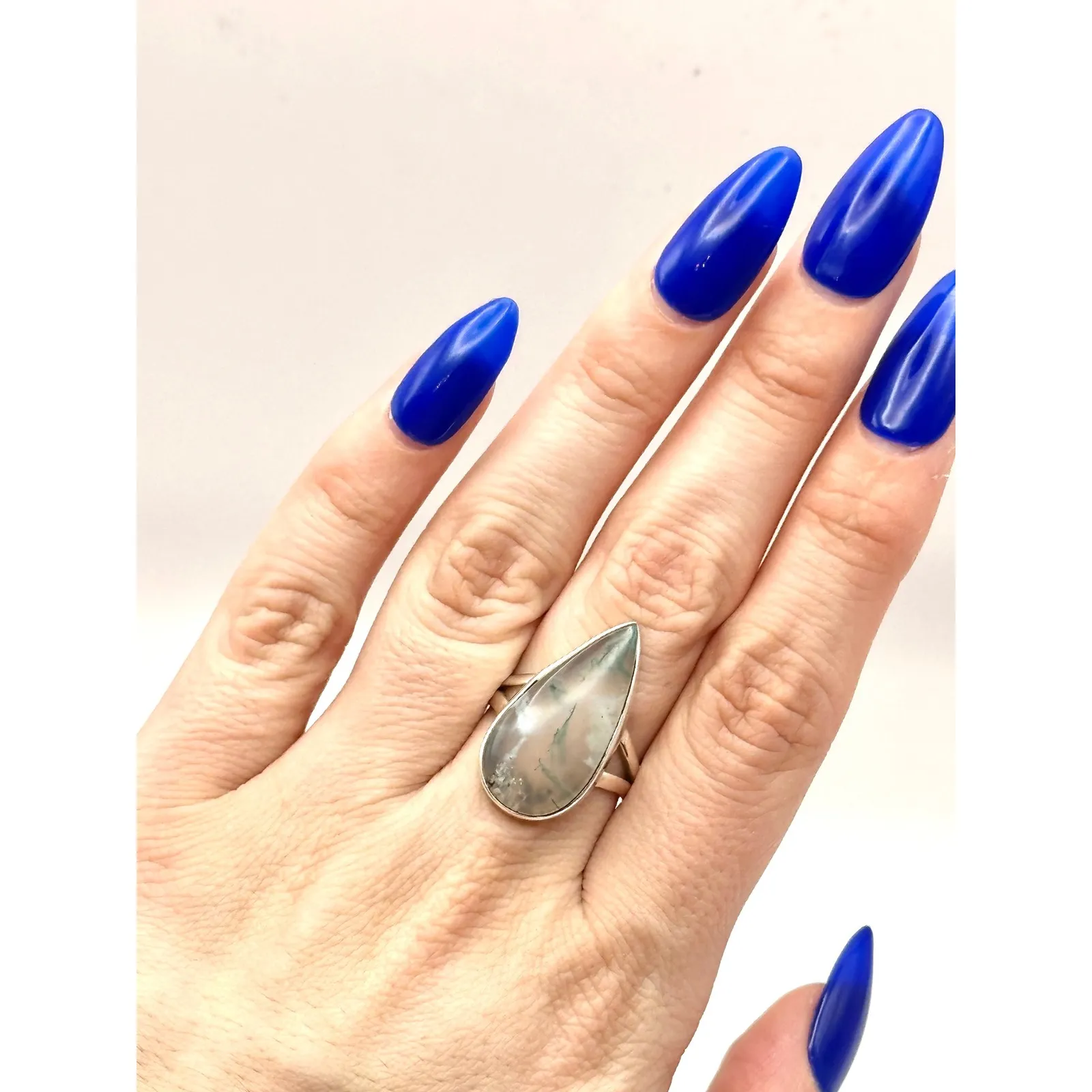 Moss Agate Tear Drop Sterling Silver Handmade Ring Size 8.75 - Image 8