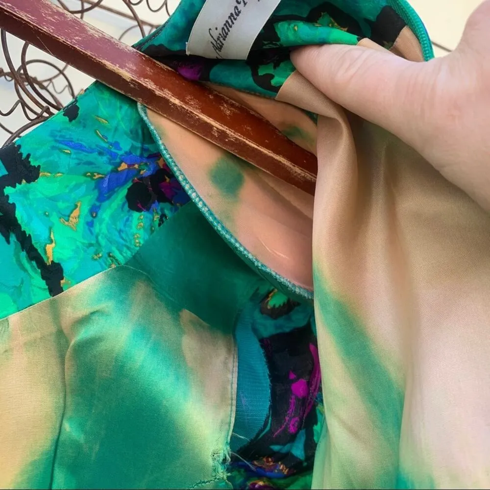 Vintage 90s Adrianna Papell 100% silk dress neon green floral Size 8 - Image 10