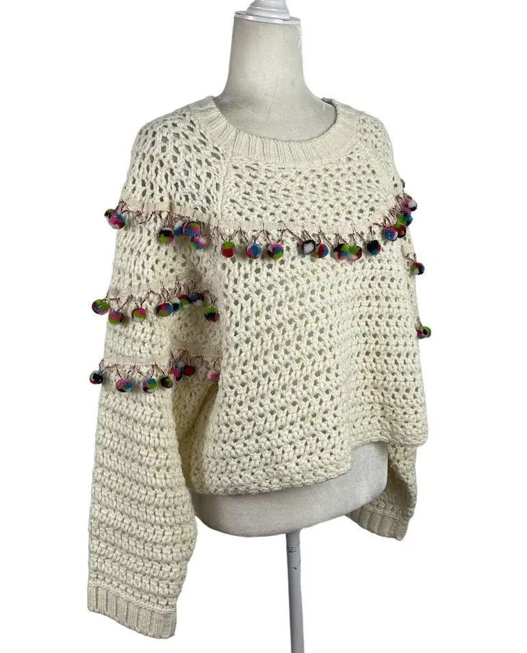 Zara Knit Chunky Pom Pom Oversized Jumper Sweater Size Small Cream - Image 5
