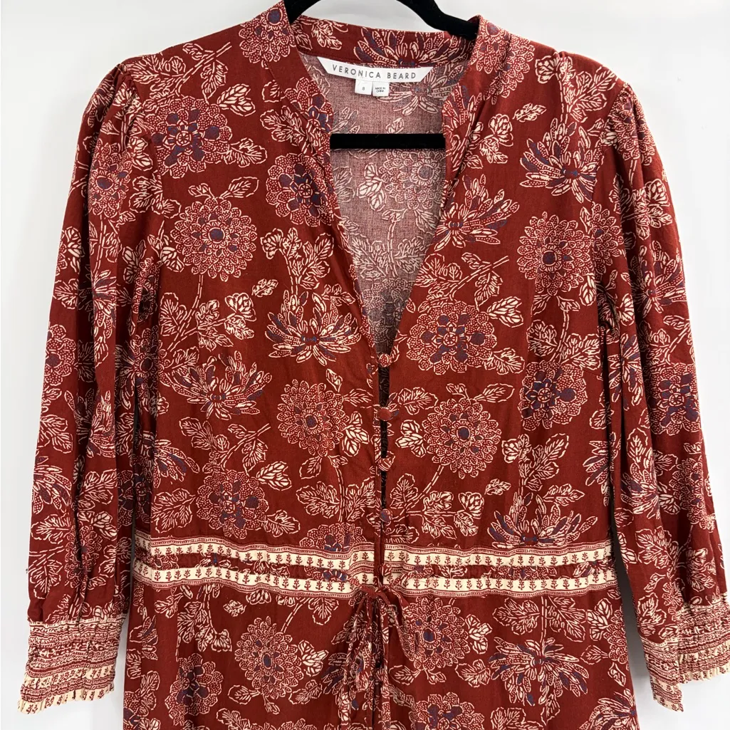 Veronica Beard Brown Floral Boho vacation Midi Dress Tie Waist Long Sleeve sz 8 - Image 5