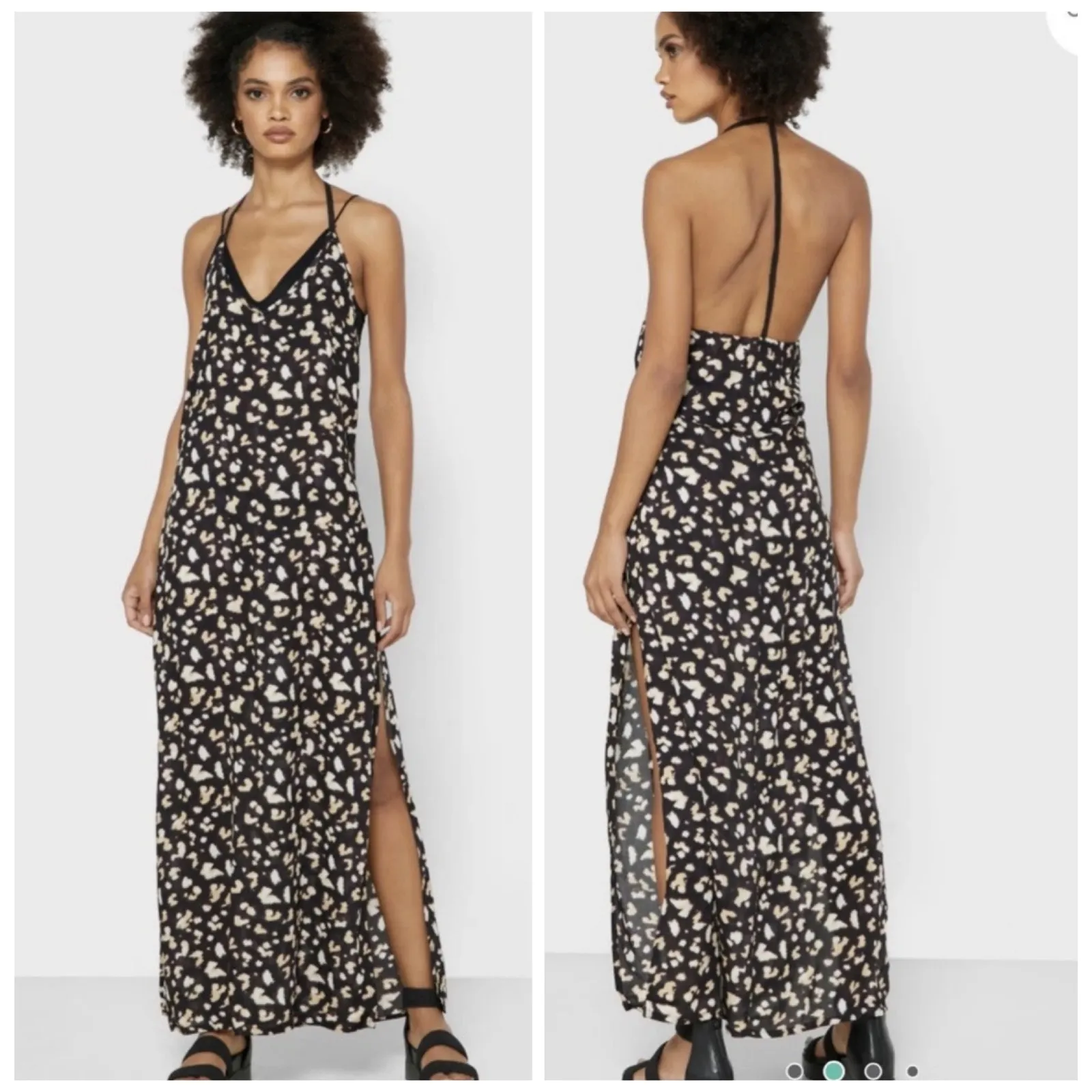 TOPSHOP Leopard Print Maxi Dress Halter Neck Side Slits Black Tan Size 8 Coverup - Image 2