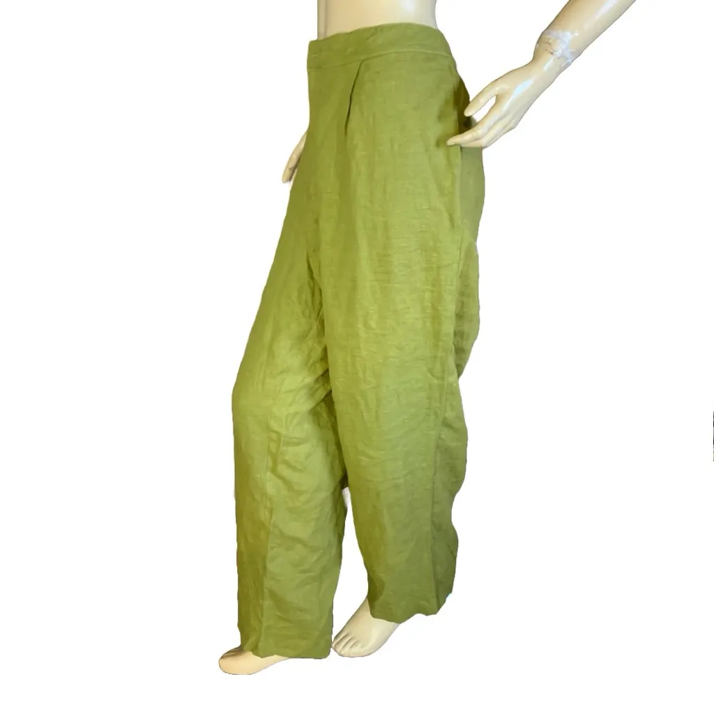 VEILED NYC OLIVE GREEN PLEATED LINEN STRAIGHT LEG TROUSERS (XXL) - Image 4