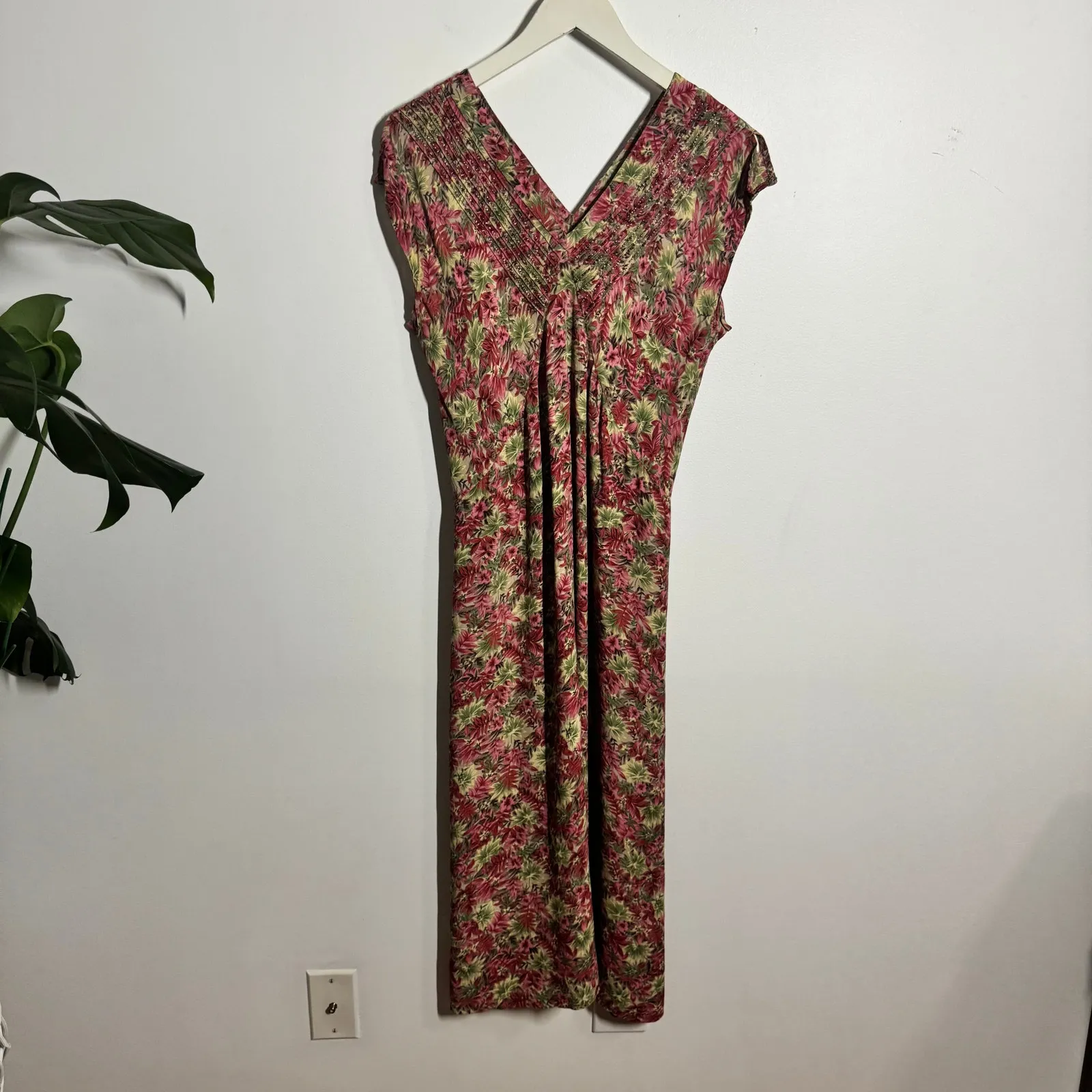 Vtg APRIL CORNELL Dress Women S Floral Beaded Midi Tie Back Boho Cottage Fairy Pink - Image 3