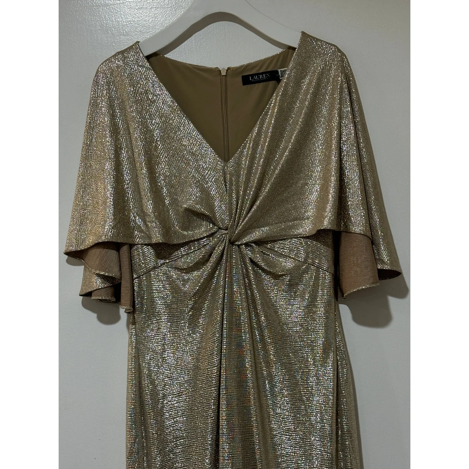 Lauren Ralph Lauren Foil Print Jersey Cape Gown Gold Size 8 NWT - Image 5