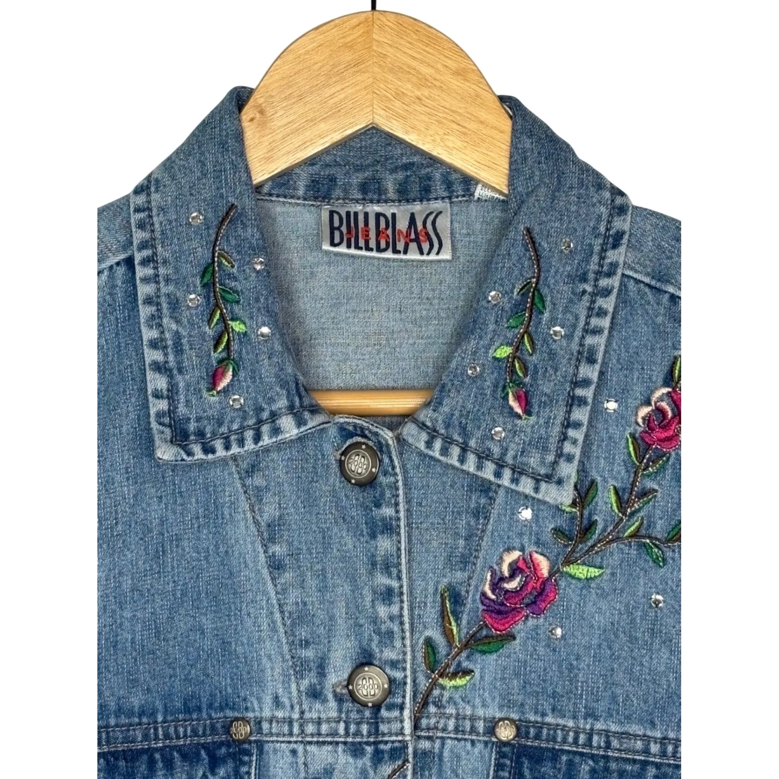 Vintage Bill Blass Denim Vest Embroidered Rose Rhinestone Women Size Medium Blue - Image 3