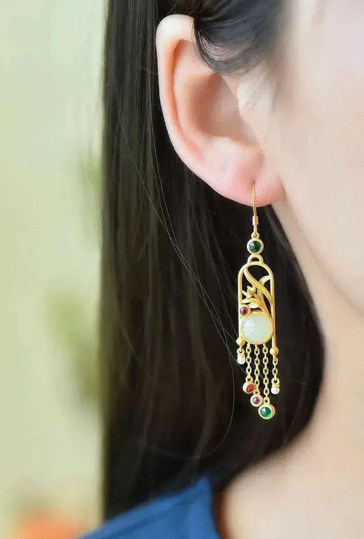 Jade Earrings, Dangle Jade Earrings Gold - Image 3
