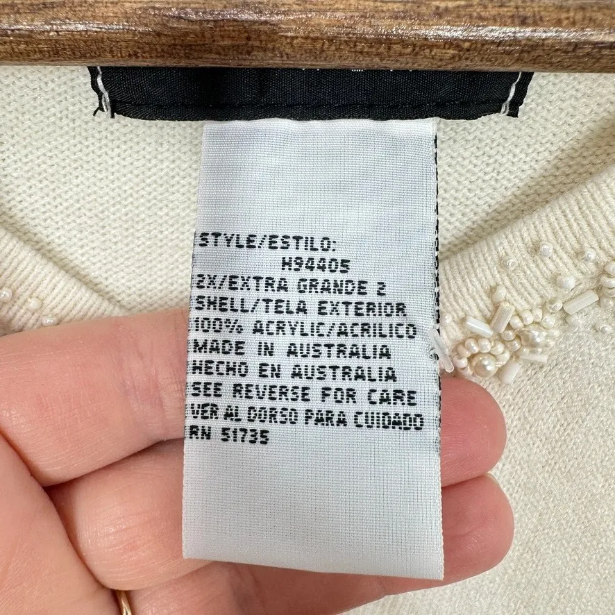 Vintage Sag Harbor Cream V Neck Long Sleeve Beaded Embellished Sweater Granny Size XXL - Image 9