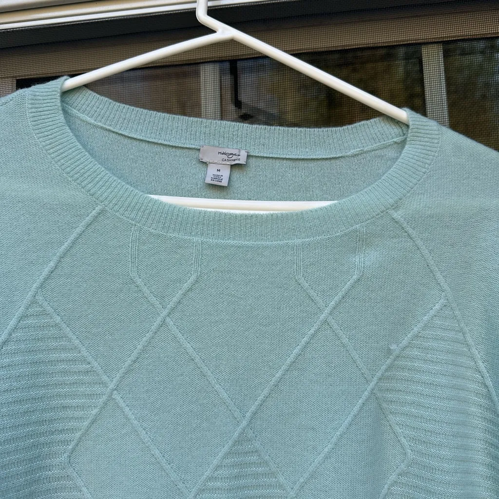 Halogen 100% Cashmere blue/green Crewneck Sweater Size Medium - Image 2