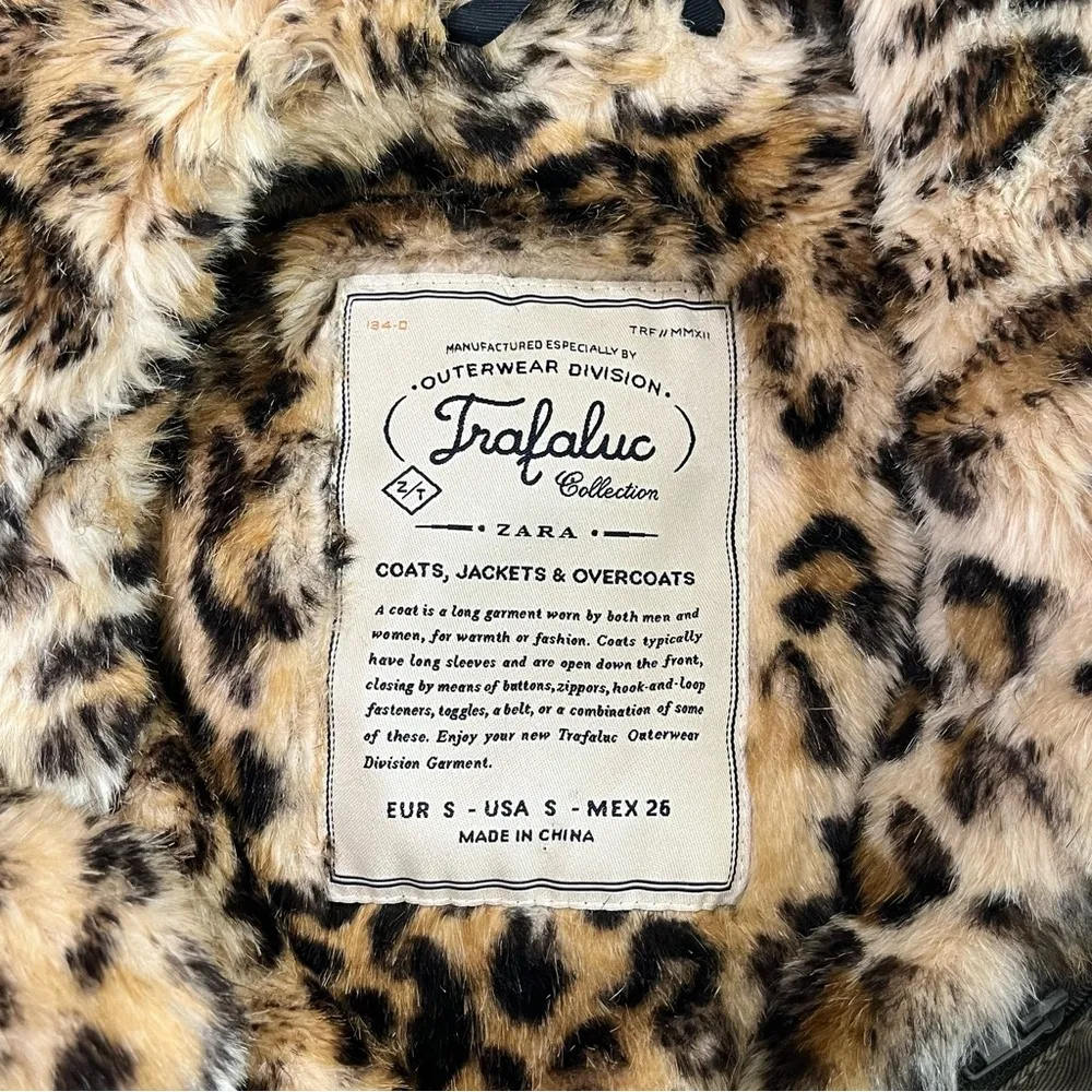 Zara Olive Green Faux Leopard Fur Removable Lining Hooded Winter Parka Coat S - Image 10