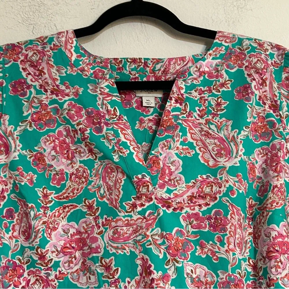 J. Crew Factory Printed Short Sleeve Poplin Top Floral Size XL Blue - Image 5