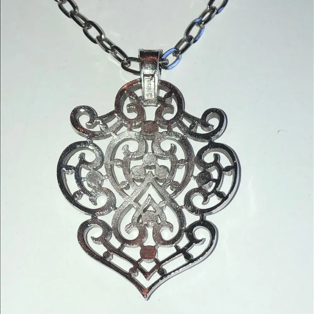 Trifari Crown Silver Tone Vintage Cutout Pendant Boho Statement Necklace - Image 6
