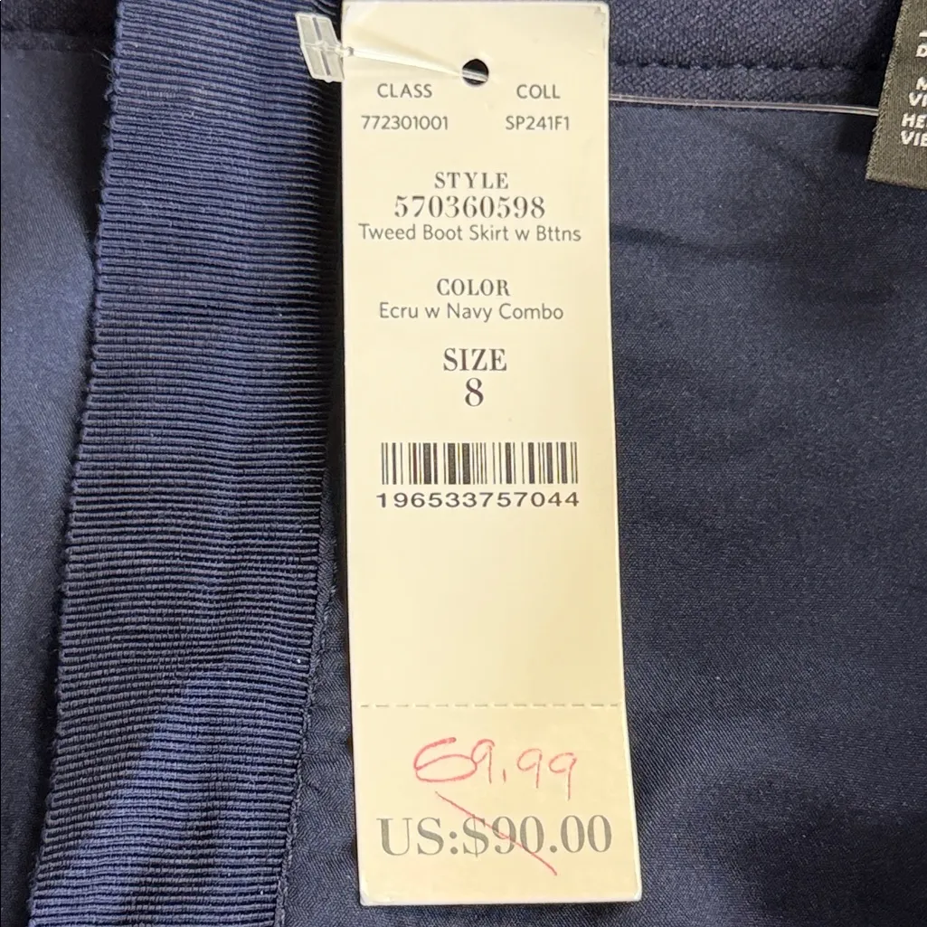 White House Black Market NWT Navy Ecru Combo Tweed Boot Skirt With Buttons - Image 7