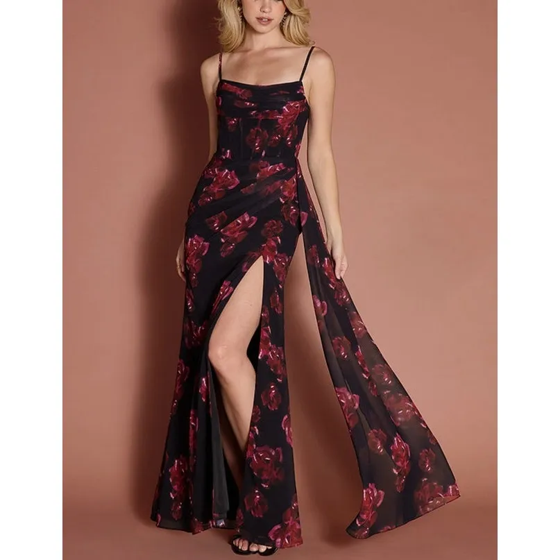 Azazie Maxi Dress Sleeveless Floral Angee Sizer US 4 Black Pink - Image 4