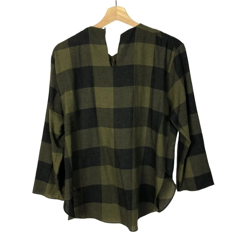 Zara Green Buffalo Plaid Twist Neck Wool Long Sleeve Blouse M - Image 2